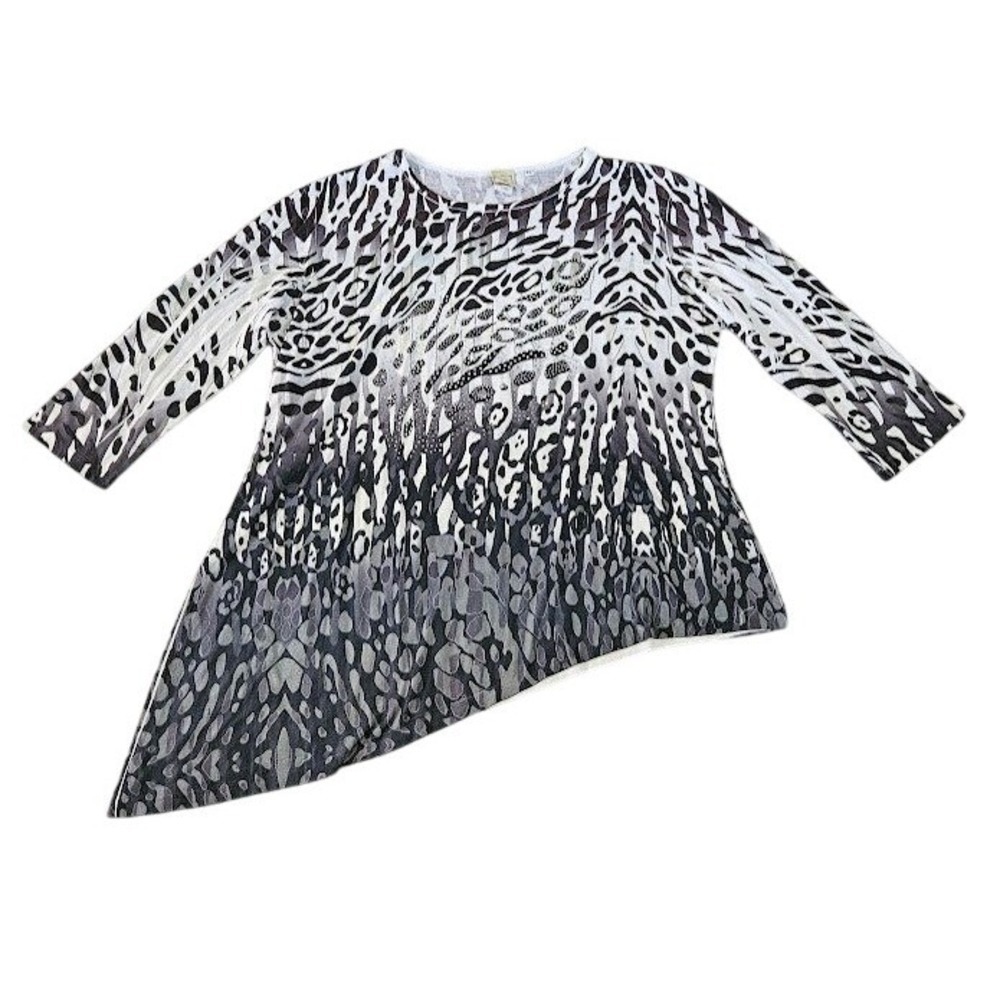 Jess & Jane Tunic Top Women XL Black Cheetah Animal Print Asymmetric Rhinestone